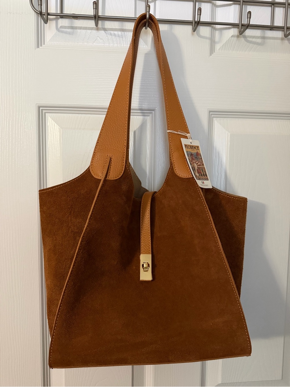 Suede Tote with Leather Trim in Chestnut Brown